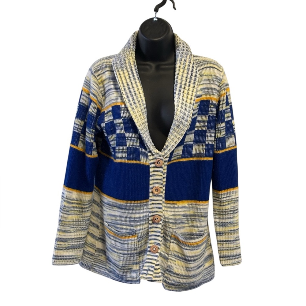 Vintage Blue and Yellow knit Patterned Cardigan